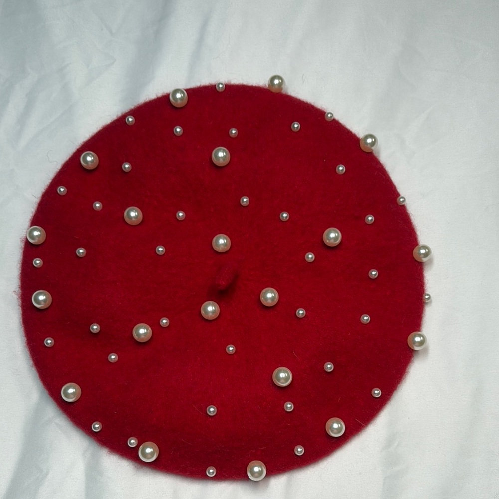 Elegant Red Beret with Pearls